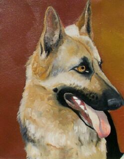 Portrait huile sur toile d'un berger allemand au regard vif et expressif