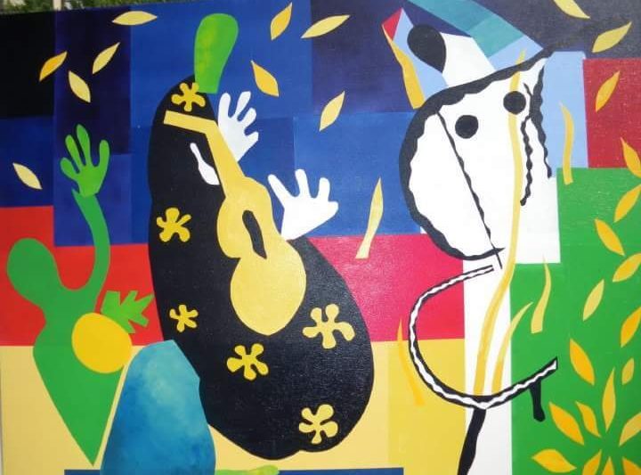 Peinture abstraite colorée inspirée de Matisse avec guitare cheval et feuilles