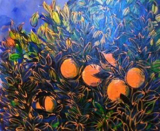 Oranges lumineuses et feuillage dense peints à l'huile sur fond bleu nuit