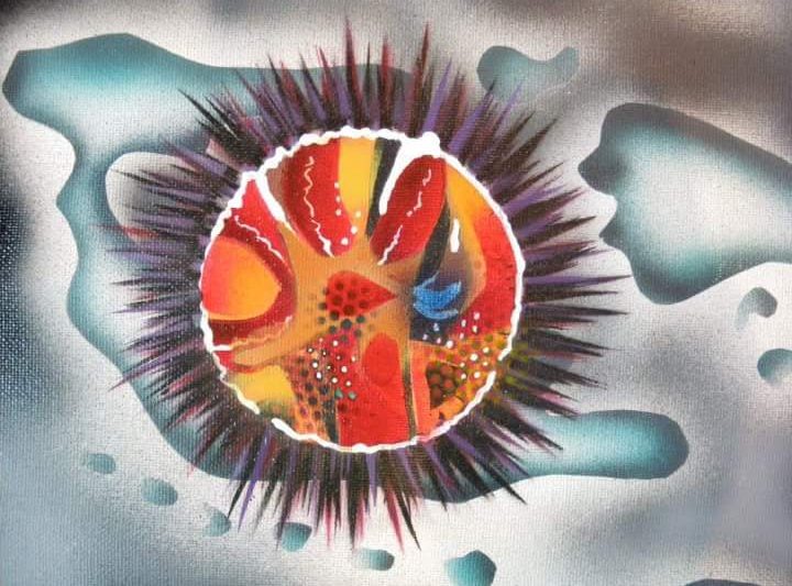 Peinture hyperréaliste d'un oursin ouvert rouge et orange sur fond bleu-gris