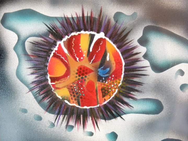 Peinture hyperréaliste d'un oursin ouvert rouge et orange sur fond bleu-gris