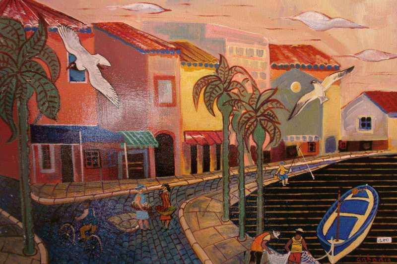 Vue de port animé avec pêcheurs palmiers mouettes et façades colorées au coucher du soleil