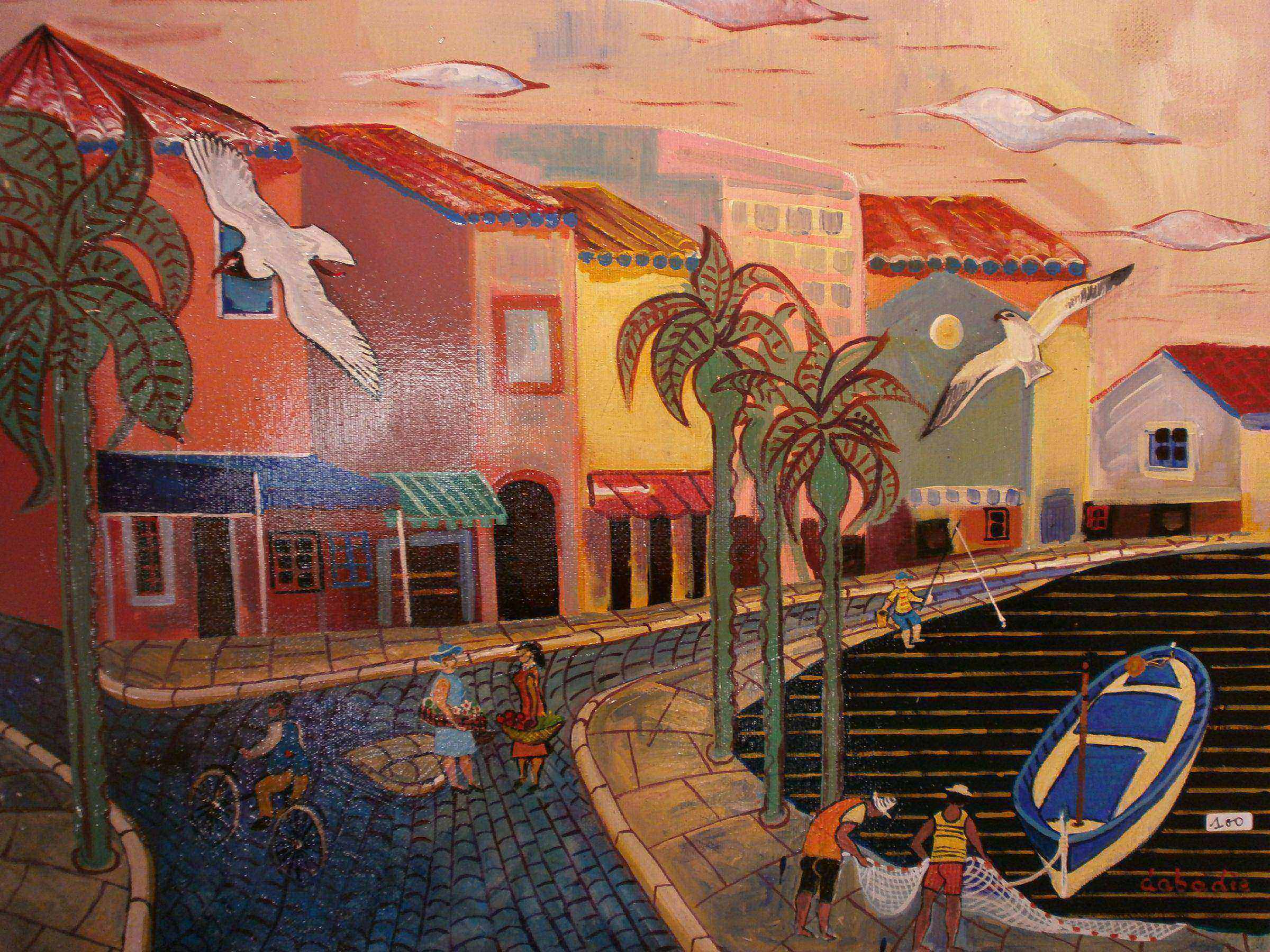 Vue de port animé avec pêcheurs palmiers mouettes et façades colorées au coucher du soleil