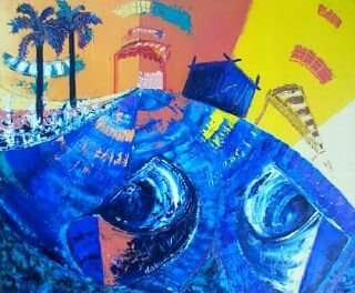 Port méditerranéen coloré avec palmiers vagues bleues et maisons sous soleil