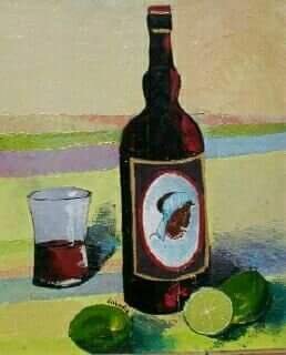 Nature morte avec bouteille de rhum verre et citrons verts sur table colorée