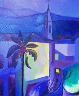 Village provençal nocturne avec palmier clocher et façades bleues lumineuses