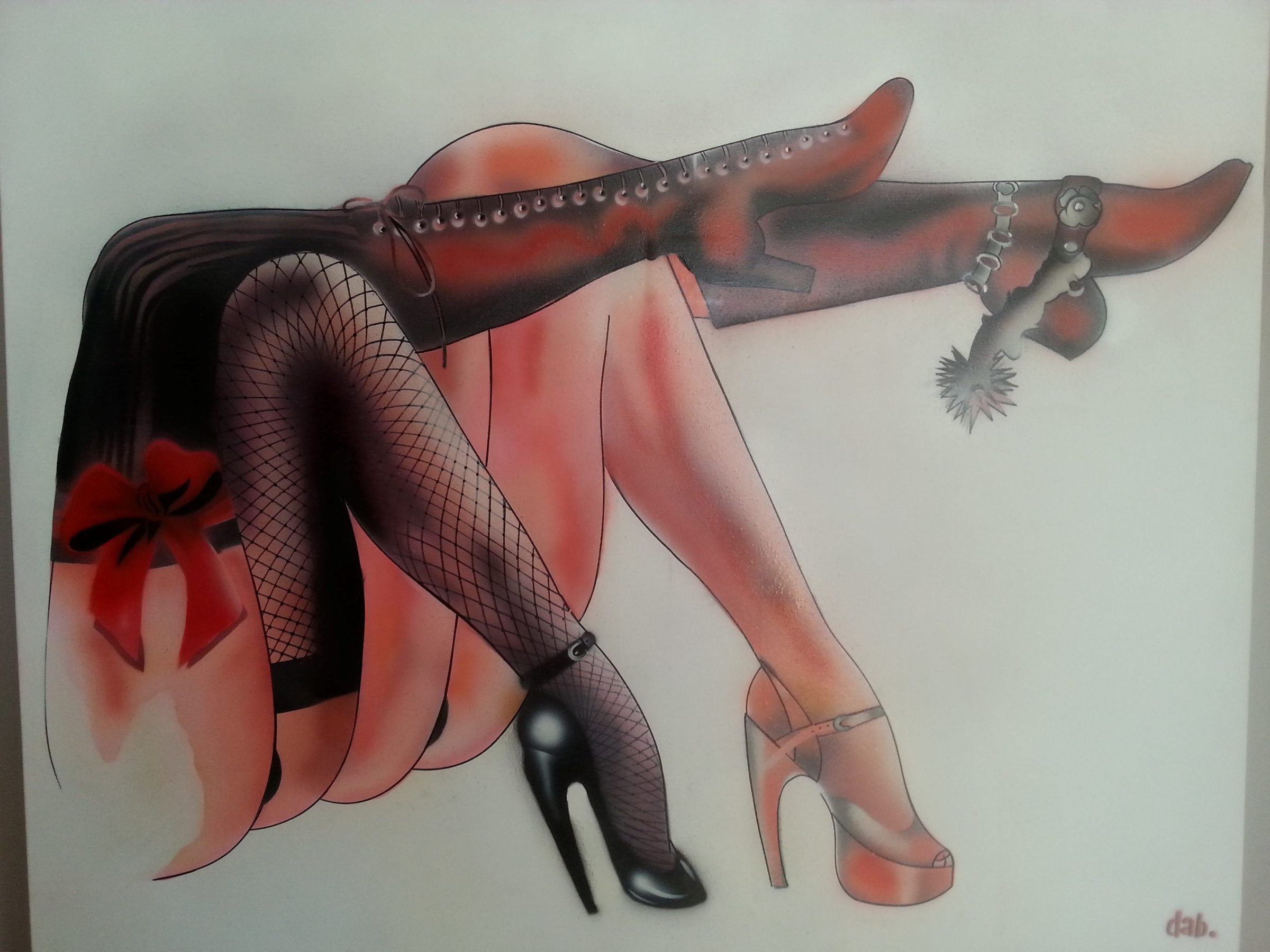 Jambes féminines en bas résille et talons hauts rouge et noir aérographe pop art