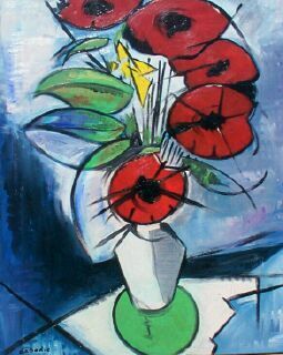 Peinture huile sur toile bouquet de coquelicots rouges dans un vase blanc style expressionniste