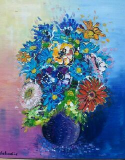 Peinture huile sur toile bouquet de fleurs colorées bleues oranges dans un vase sombre