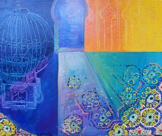 Cage décorative orientale lumière dorée ombre géométrique carrelage floral coloré