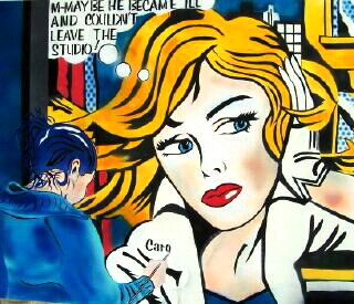 Portrait femme blonde style Lichtenstein pop art avec bulle de texte aérographe