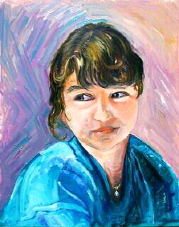 Portrait huile sur toile jeune femme brune regard doux fond rose mauve impressionniste