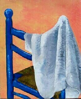 Peinture huile sur toile chaise bleue drap blanc fond orangé nature morte académique
