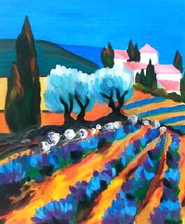 Paysage provençal cyprès lavande champ couleurs vives ciel bleu mas méditerranéen