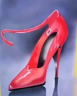 Escarpin rouge à talon aiguille sur fond gris bleuté aérographe hyperréaliste mode