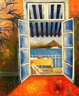 Fenêtre ouverte mer méditerranée voilier baie table bleue intérieur chaleureux