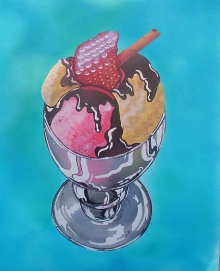 Coupe de glace avec fraise chocolat et biscuit sur fond turquoise aérographe pop art