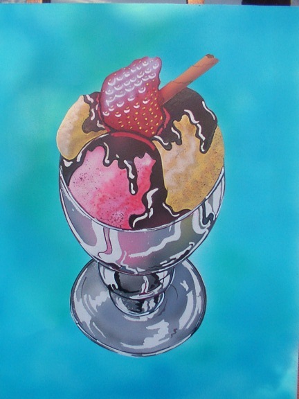 Coupe de glace avec fraise chocolat et biscuit sur fond turquoise aérographe pop art