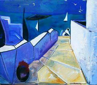 Paysage grec toits blancs mer bleue voiliers ciel nocturne style cubiste