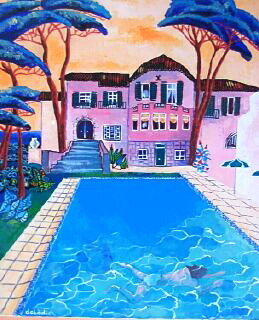 Villa provençale piscine nageur pins parasols ciel orangé coucher soleil Antibes