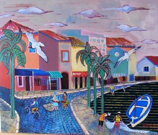 Port du Brusc coloré avec palmiers mouettes et barque bleue peinture naïve Var