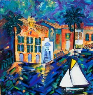 Port de Sanary-sur-Mer la nuit avec voilier et façades colorées expressionniste