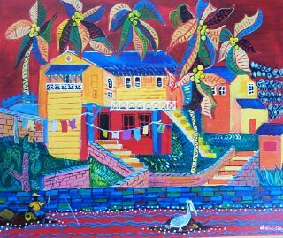 Maisons colorées des Antilles avec cocotiers et pélican peinture naïve Martinique