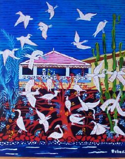 Peinture naïve colorée d'aigrettes et hérons blancs en vol autour d'une maison tropicale