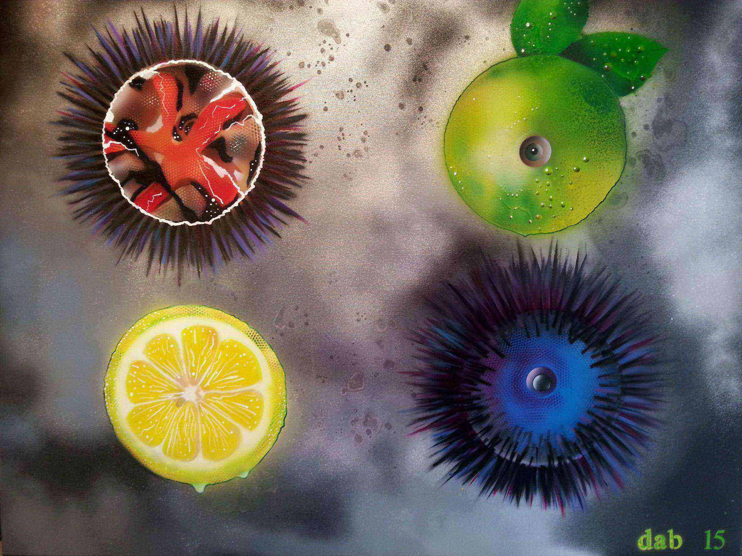 Peinture surréaliste de deux oursins citron et pomme verte sur fond gris fumé