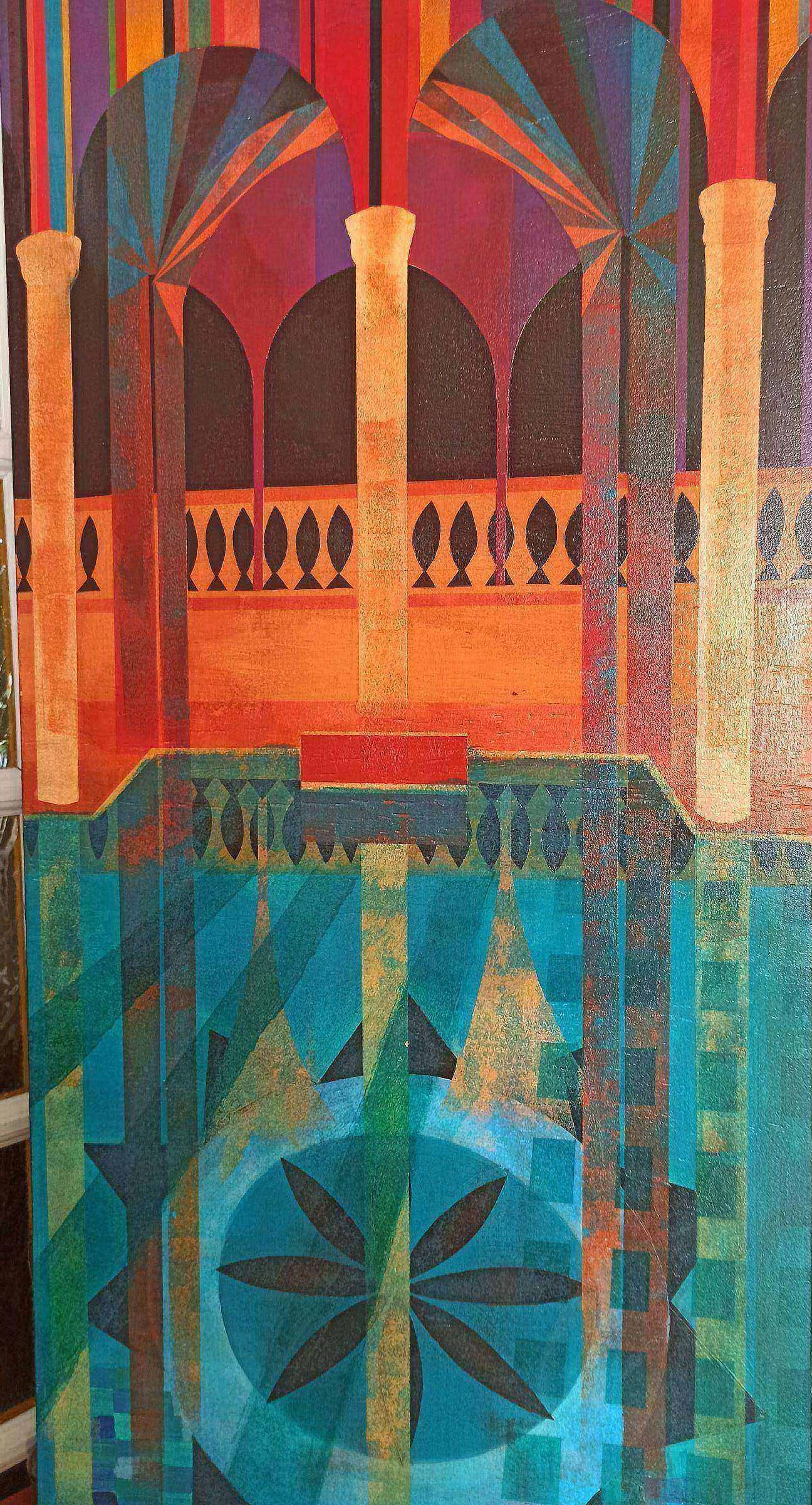 Décor architectural tunisien géométrique aux couleurs orange et turquoise