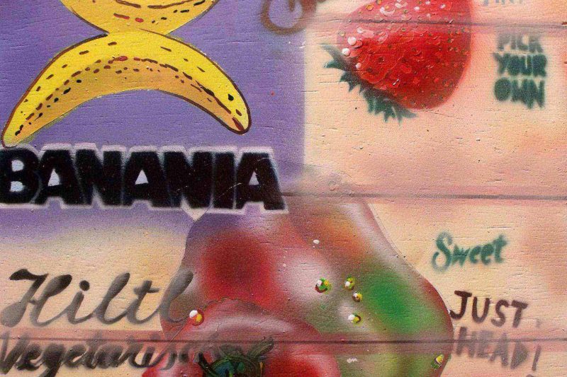 Collage publicitaire Banania fraise tomate style pop art aérographe sur bois vintage