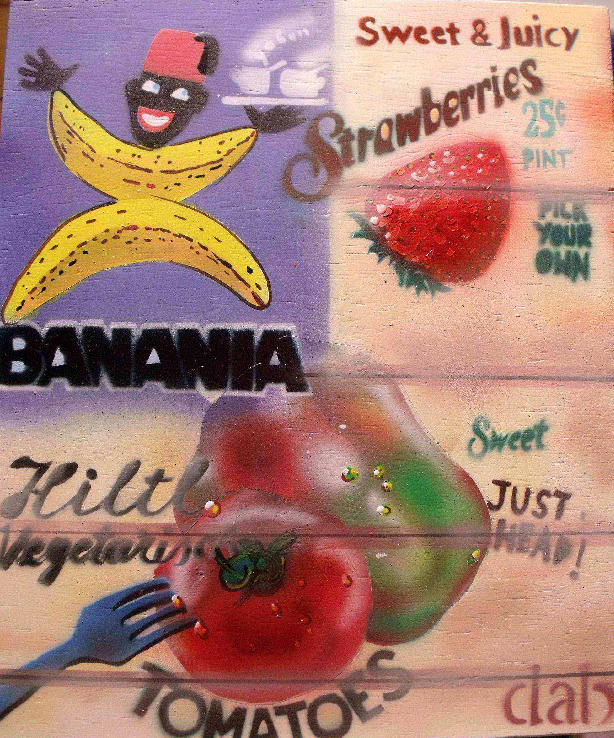 Collage publicitaire Banania fraise tomate style pop art aérographe sur bois vintage