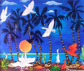 Peinture naïve d'oiseaux tropicaux blancs et rouges parmi les palmiers au coucher de soleil