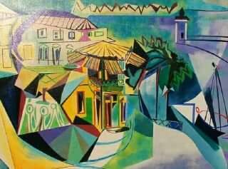 Port de Royan style cubiste Picasso avec voilier et architecture aérographe coloré