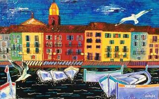 Port de Saint-Tropez coloré avec voiliers et mouettes peinture naïve Côte d'Azur