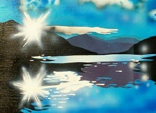 Lac canadien au crépuscule avec étoiles et montagnes bleues aérographe paysage nocturne