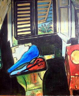 Étui de violon bleu et rouge sur fond intérieur sombre avec volets hommage Matisse