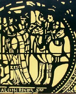 Reproduction d'un vitrail médiéval en noir et or avec personnages peinture religieuse