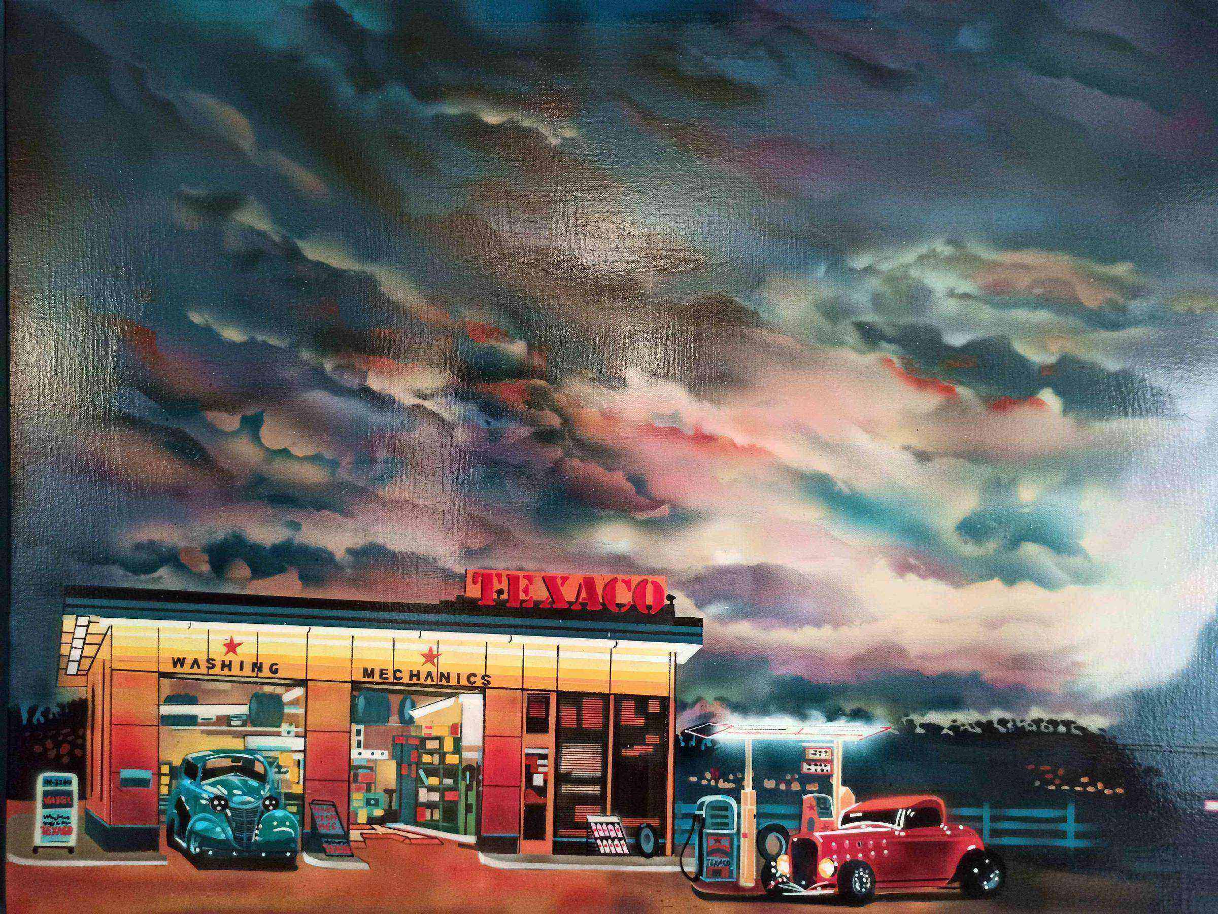 Gas Station — station-service américaine rétro à l'aérographe de Pierre Dabadie